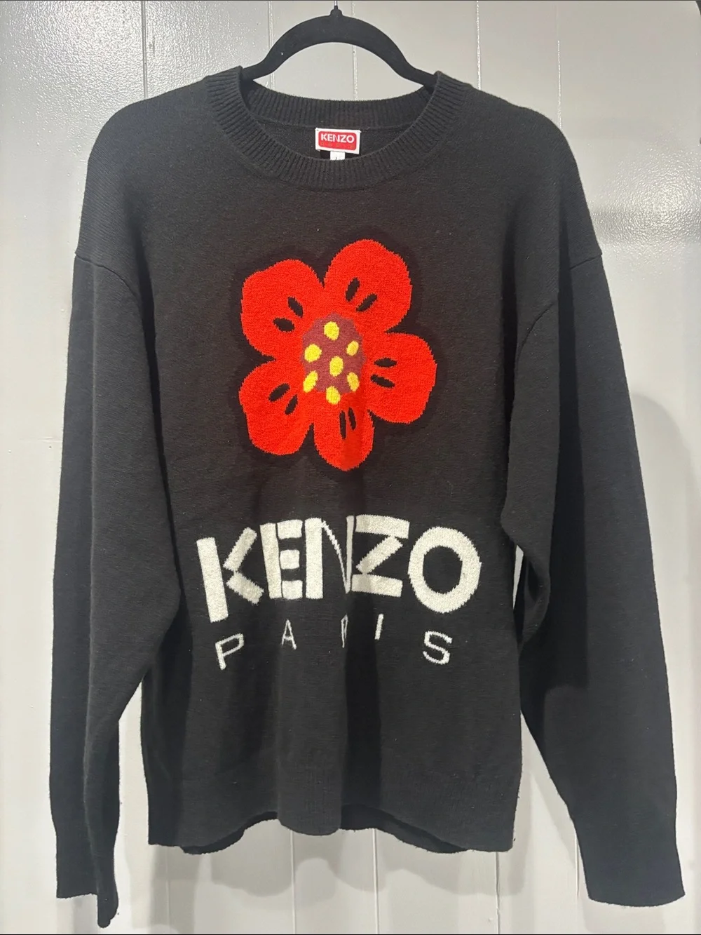 Kenzo Black Sweater with Red Flower and White Logo Size Large